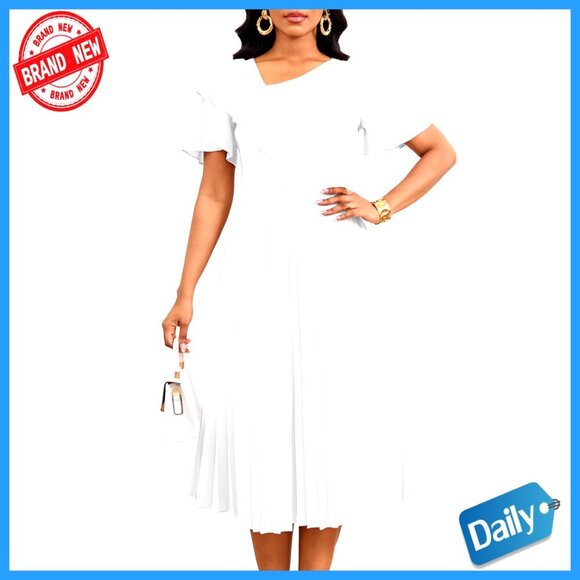 Dresses & Skirts - Pleated Midi Dress with Ruffles, V-Neck, Short Sleeve, Semi-Formal